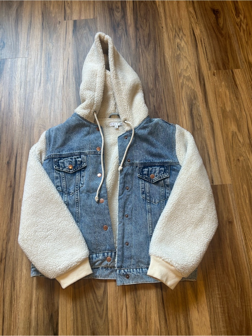 Sherpa-Lined Denim Hooded Jacket - Cream & Blue